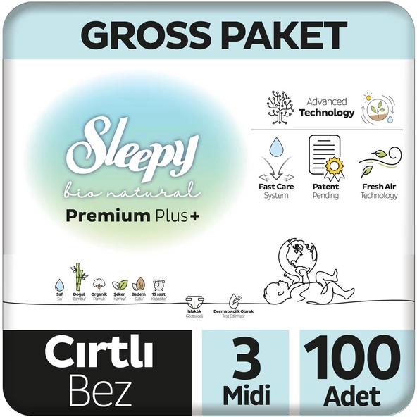 Sleepy Bio Natural Premium Plus Gross Paket Bebek Bezi 3 Numara Midi 100 Adet