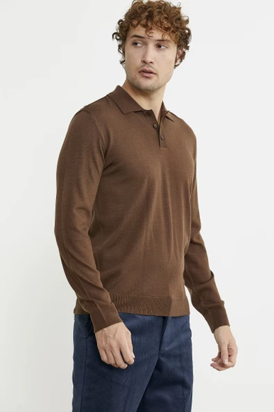 Erkek Polo Yaka Triko Kazak - Kahve - Resim 5