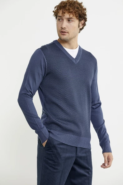 Regular Fit Jakarlı Yünlü Triko Kazak - Indigo - 4