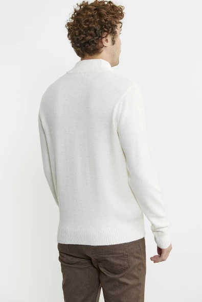 Yarım Fermuarlı Dik Yaka Triko Kazak - Kemik - Resim 5