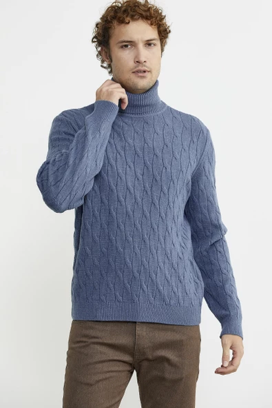 Tam Balıkçı Saç Örgü Triko Kazak - Indigo - 5