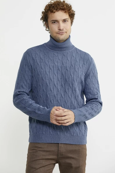 Tam Balıkçı Saç Örgü Triko Kazak - Indigo - 3