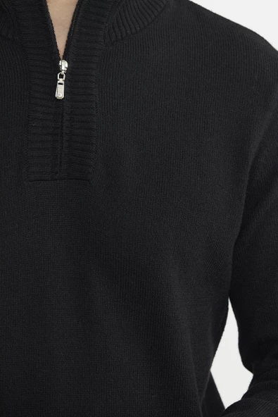 Yarım Fermuarlı Dik Yaka Triko Kazak - Siyah - 5