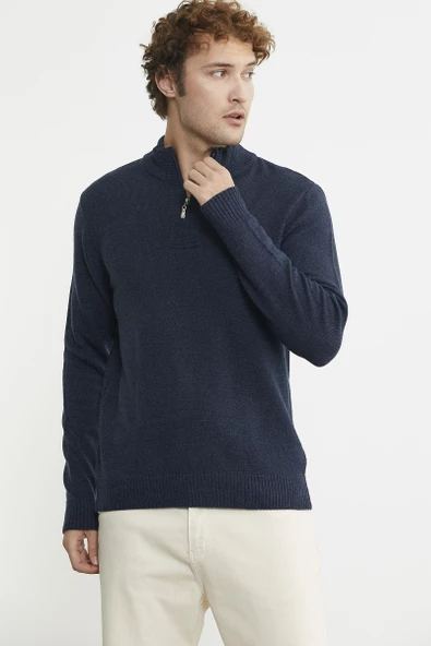 Yarım Fermuarlı Dik Yaka Triko Kazak - Lacivert - Resim 4