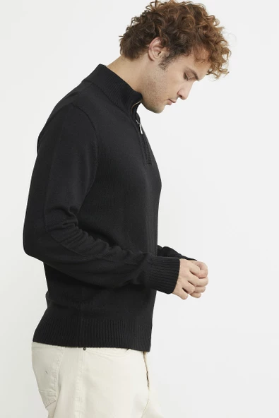 Yarım Fermuarlı Dik Yaka Triko Kazak - Siyah - 4