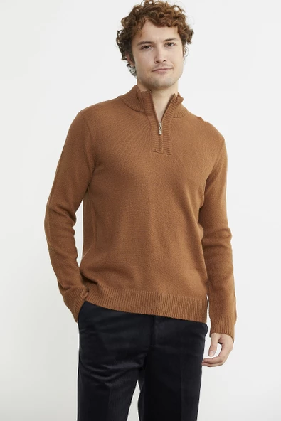 Yarım Fermuarlı Dik Yaka Triko Kazak - Taba - 3