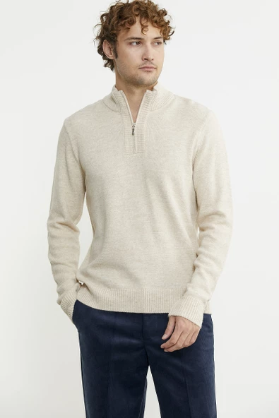 Yarım Fermuarlı Dik Yaka Triko Kazak - Taş - Resim 2