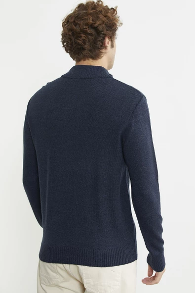 Yarım Fermuarlı Dik Yaka Triko Kazak - Lacivert - Resim 6