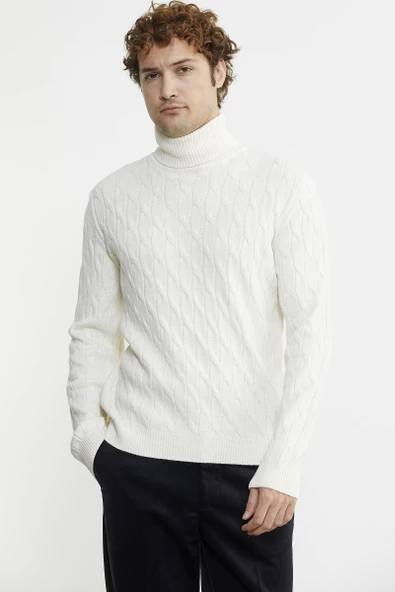 Tam Balıkçı Saç Örgü Triko Kazak - Kemik - 4