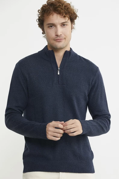 Yarım Fermuarlı Dik Yaka Triko Kazak - Lacivert - Resim 3