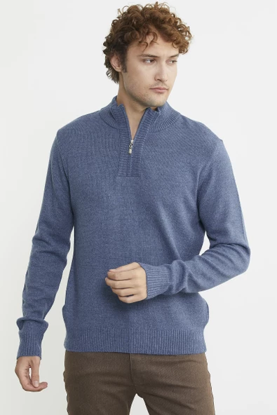 Yarım Fermuarlı Dik Yaka Triko Kazak - Indigo - Resim 3