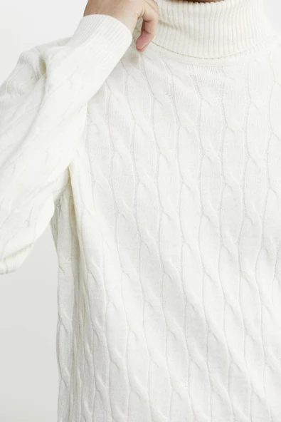 Tam Balıkçı Saç Örgü Triko Kazak - Kemik - 6