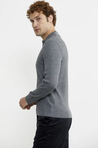 Polo Yaka Fitilli Triko Kazak - Füme - 5