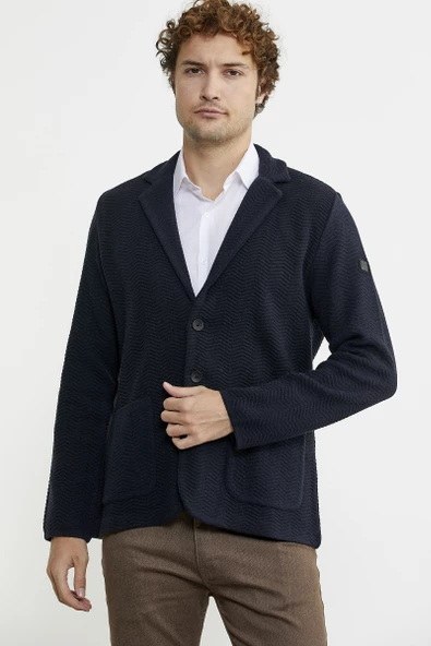 Üç Düğmeli Yünlü Triko Ceket - Koyu Lacivert - Resim 3