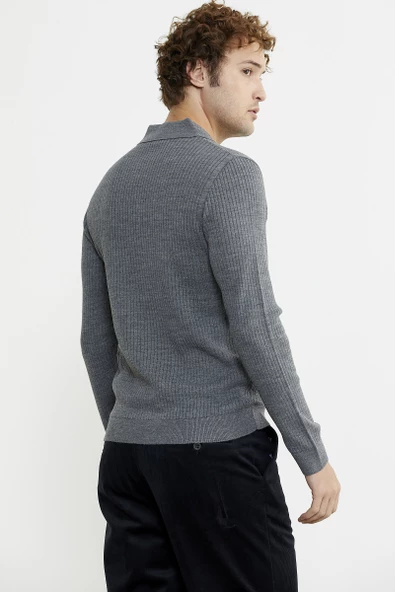 Polo Yaka Fitilli Triko Kazak - Füme - 6