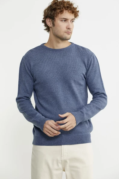 Basic Sıfır Yaka Triko Kazak - Indigo - 3