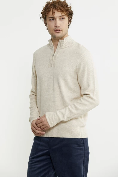 Yarım Fermuarlı Dik Yaka Triko Kazak - Taş - Resim 5