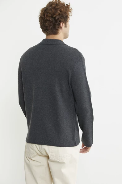 Polo Yaka Düğmeli Yünlü Triko Hırka - Antrasit - 5