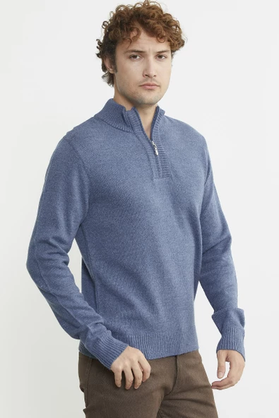 Yarım Fermuarlı Dik Yaka Triko Kazak - Indigo - Resim 4