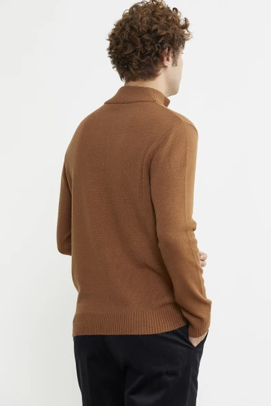 Yarım Fermuarlı Dik Yaka Triko Kazak - Taba - 5