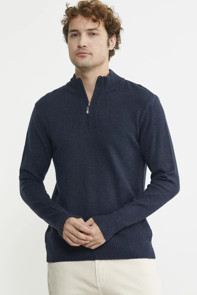 Yarım Fermuarlı Dik Yaka Triko Kazak - Lacivert - Resim 2