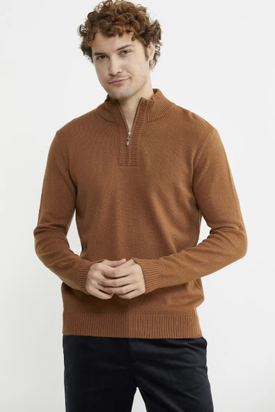 Yarım Fermuarlı Dik Yaka Triko Kazak - Taba - 2