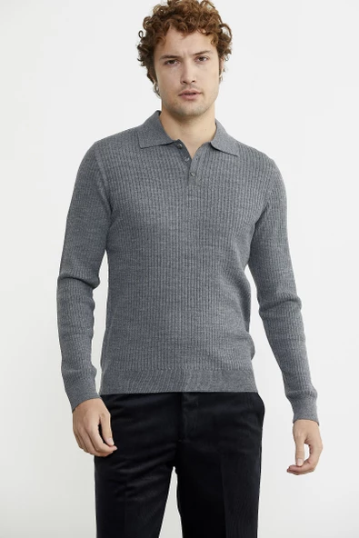 Polo Yaka Fitilli Triko Kazak - Füme - 3