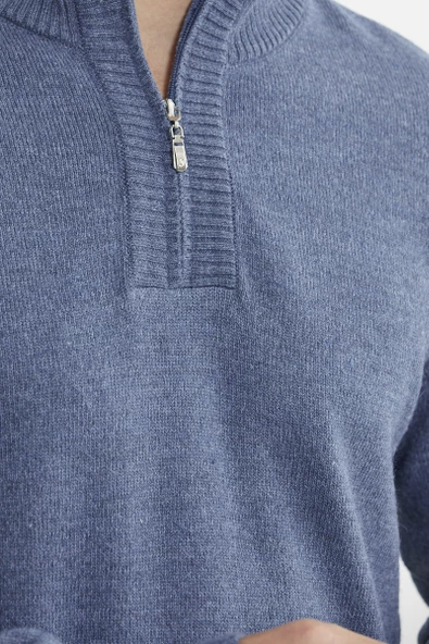 Yarım Fermuarlı Dik Yaka Triko Kazak - Indigo - Resim 5