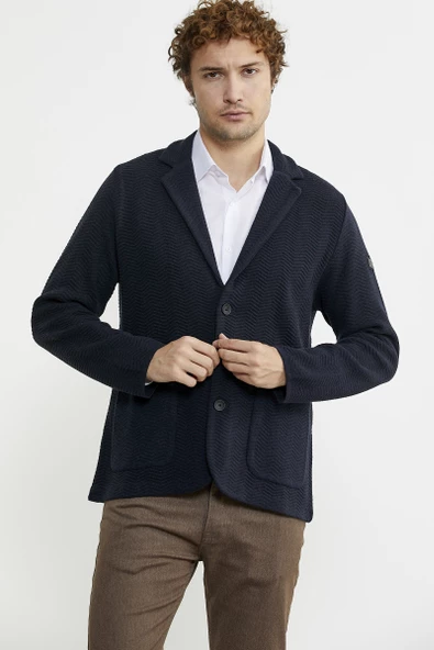 Üç Düğmeli Yünlü Triko Ceket - Koyu Lacivert - Resim 2