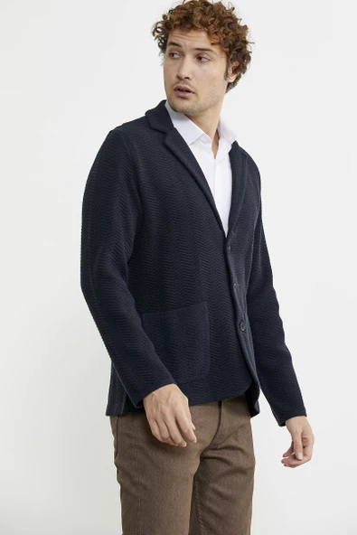 Üç Düğmeli Yünlü Triko Ceket - Koyu Lacivert - Resim 4