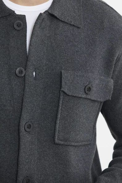 Polo Yaka Düğmeli Yünlü Triko Hırka - Antrasit - 4