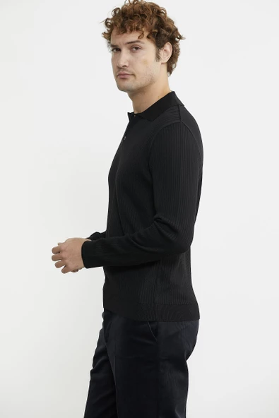 Polo Yaka Fitilli Triko Kazak - Siyah - Resim 5