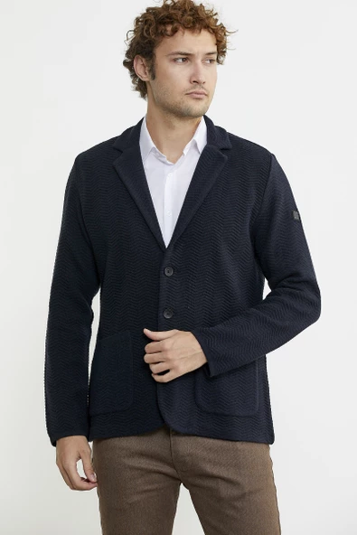 Üç Düğmeli Yünlü Triko Ceket - Koyu Lacivert - Resim 5