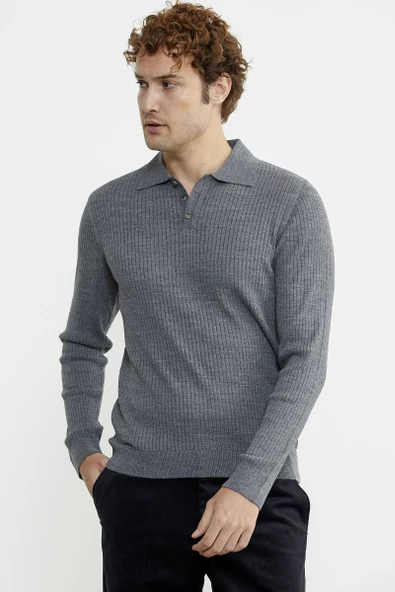 Polo Yaka Fitilli Triko Kazak - Füme - 4