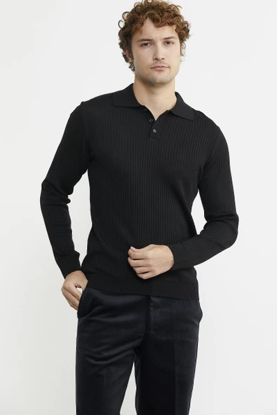 Polo Yaka Fitilli Triko Kazak - Siyah - Resim 2