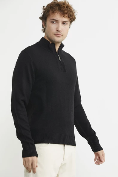 Yarım Fermuarlı Dik Yaka Triko Kazak - Siyah - 3