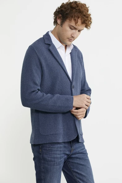 Üç Düğmeli Yünlü Triko Ceket - Indigo - 3