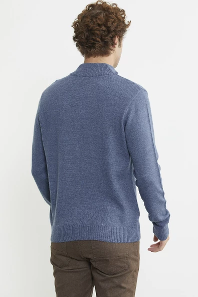 Yarım Fermuarlı Dik Yaka Triko Kazak - Indigo - Resim 6