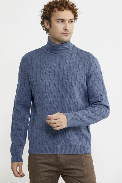 Tam Balıkçı Saç Örgü Triko Kazak - Indigo - 4