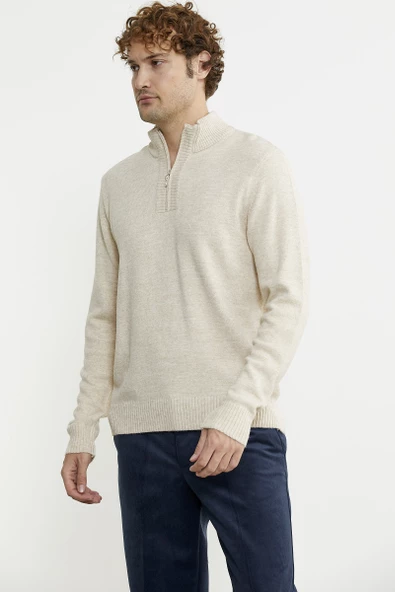 Yarım Fermuarlı Dik Yaka Triko Kazak - Taş - Resim 4