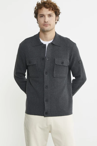 Polo Yaka Düğmeli Yünlü Triko Hırka - Antrasit - 2