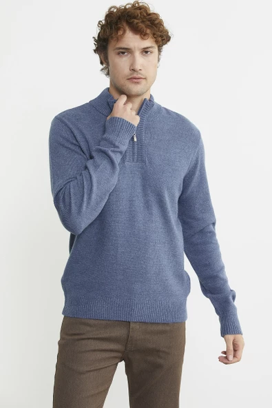 Yarım Fermuarlı Dik Yaka Triko Kazak - Indigo - Resim 2