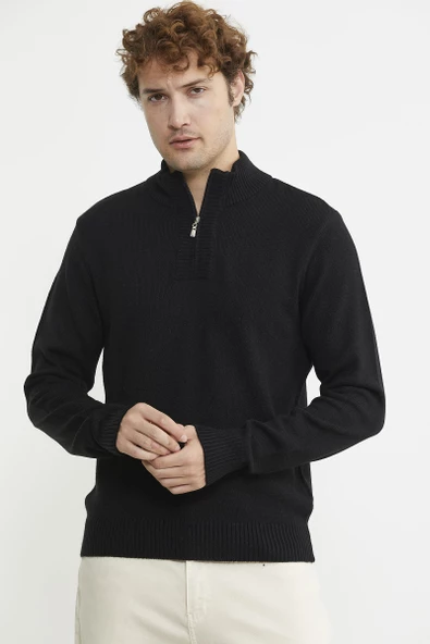 Yarım Fermuarlı Dik Yaka Triko Kazak - Siyah - 2
