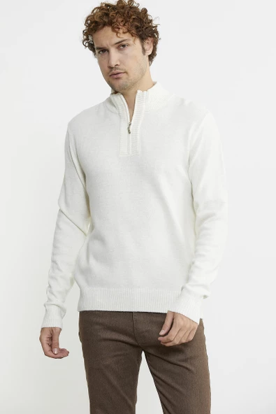 Yarım Fermuarlı Dik Yaka Triko Kazak - Kemik - Resim 2