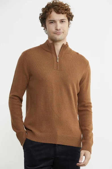 Yarım Fermuarlı Dik Yaka Triko Kazak - Taba - 4