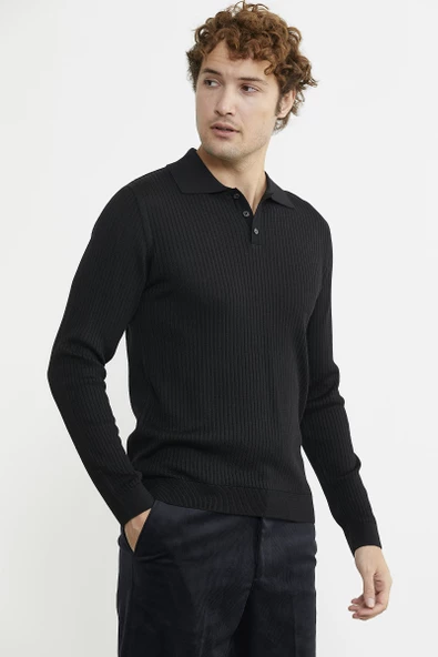 Polo Yaka Fitilli Triko Kazak - Siyah - Resim 3