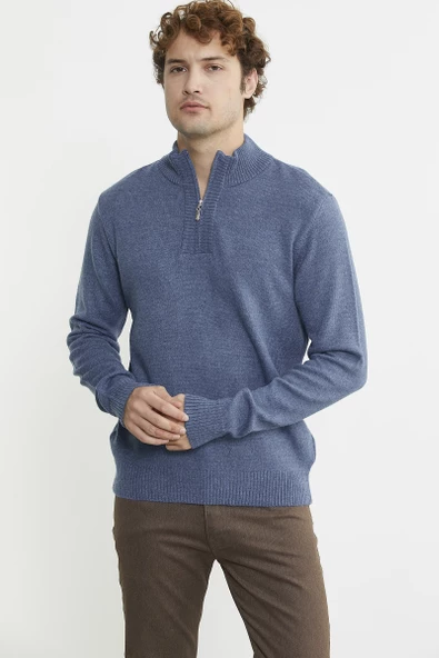 Yarım Fermuarlı Dik Yaka Triko Kazak - Indigo ürün görseli 1