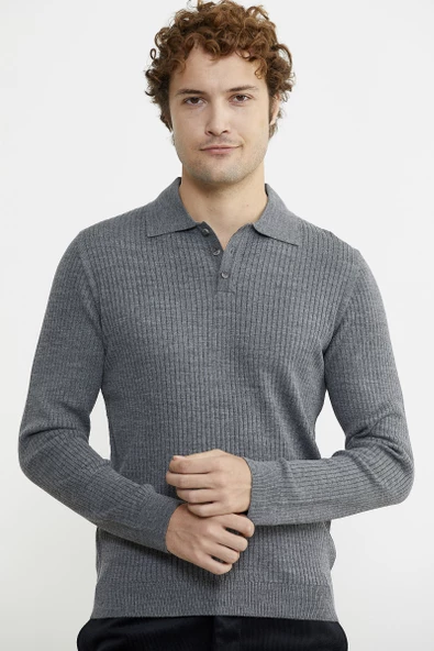 Polo Yaka Fitilli Triko Kazak - Füme - 2