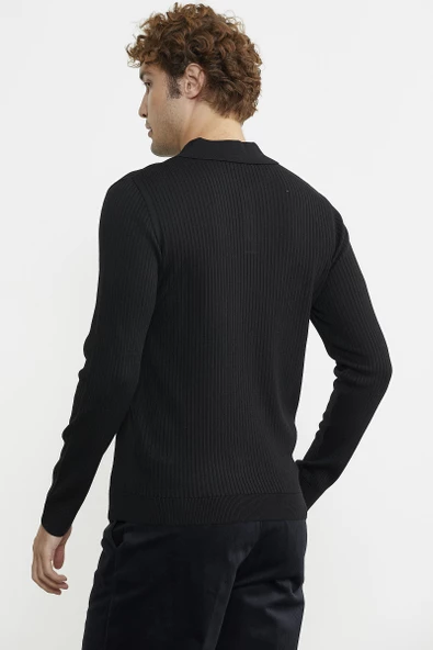 Polo Yaka Fitilli Triko Kazak - Siyah - Resim 6