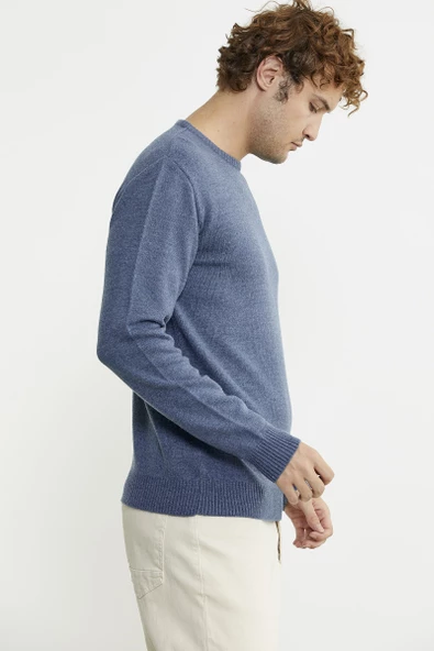 Basic Sıfır Yaka Triko Kazak - Indigo - 5